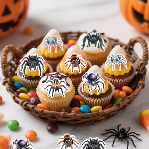 54PCS Edible Halloween Spider Cupcake Toppers Wafer Paper Spider Cupcake Toppers Spitting Spider Dessert Picks for Halloween Theme Party Birthday Baby Shower Decor Supplies