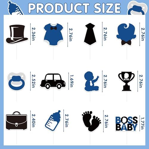 Baby Shower Cupcake Toppers - 24 Pcs Cute Boss Happy Birthday Decorations for Boys 1st Black Edible Gender Reveal Cake Supplies for Kids Blue First Party Paper Dessert Insert Picks Decors