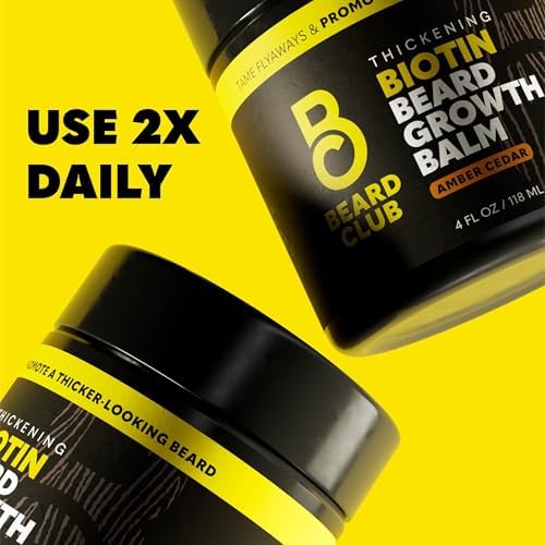 The Beard Club Biotin Beard Balm for Men - Beard Growth Shea Butter with Castor & Coconut Oil - Moisturizing, Hydrating and Softening Cream - Amber Cedar Scent - 4 oz