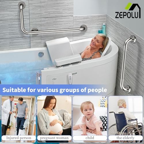 Polished Chrome L-Shaped Grab Bar 12x24 Inch + Knurled Shower Grab Rail 20 Inch, Zepolu Stainless Steel Toilet Safety Bar 90 Degree, Angled Balance Support Assist Bar, Bathroom Mobility Aid Handrail