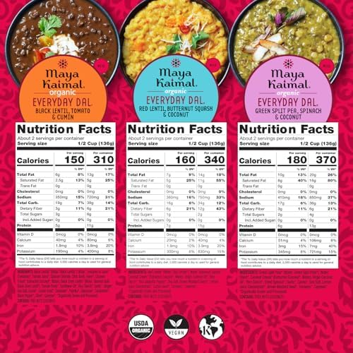 Maya Kaimal Foods - Organic Indian Everyday Dal Variety Pack No. 2 - 10oz 3 flavors, 2 Each - Red Lentil, Black Lentil, & Green Split Pea - Vegan