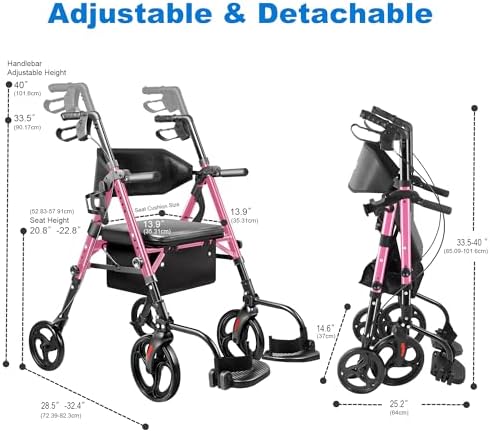 Foldable 2-in-1 Rollator Walker for Seniors with Seat, Lightweight Transport Wheelchair Combo 300 lbs Capacity, All-Terrain Tires, Anti-Tip Brakes, Adjustable Height 33.5"-40"