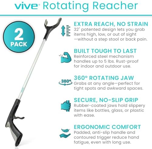 Vive Reacher Grabber Tool - 32" Extra Long Pickup Aid (2 Pack) - Trash Picker Upper, Rotating Hand, Heavy Duty Grip Arm - Reaching Assist for Litter, Elderly, Garden Nabber, Disabled, Handicap Arm