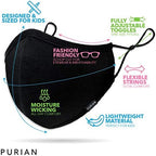 PURIAN Black Kids Face Masks, Washable Reusable Adjustable, Fits Kids to Teens