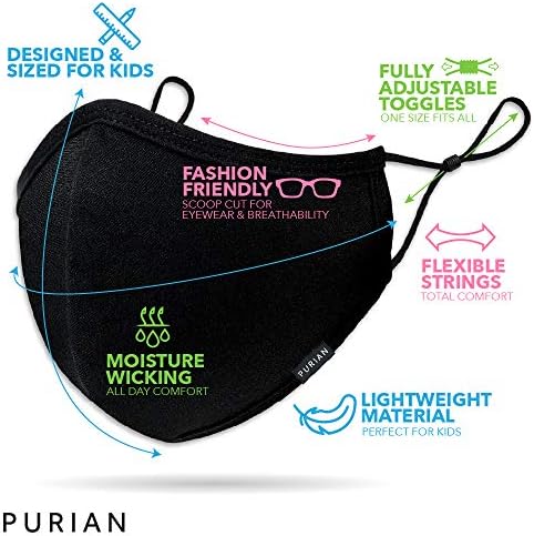 PURIAN Black Kids Face Masks, Washable Reusable Adjustable, Fits Kids to Teens