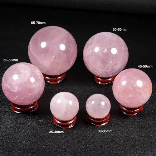 mookaitedecor Natural Rose Quartz Crystal Ball with Wood Stand, Healing Crystals Sphere Sculpture Home Decoration, 2.55"-2.75"