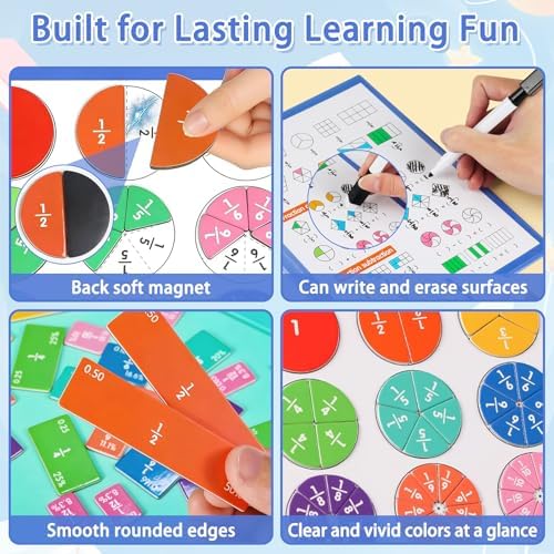 Magnetic Fraction Playbook with Tiles & Circles, Whiteboard Ready Fraction Manipulatives Kit, Montessori Math Tools for Kids Ages 6-10, Classroom & Homeschool Supplies with Wipe Clean Activity Cards