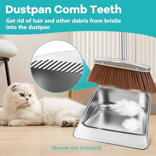 Metal Dust Pan with Long Handle, 41" Stainless Steel Dustpan, Heavy Duty Standing Up Dust Pan with Comb Teeth, Outdoor Indoor Upright Dustpan for Home Restaurant Kitchen Lobby Room Office Pet Hair