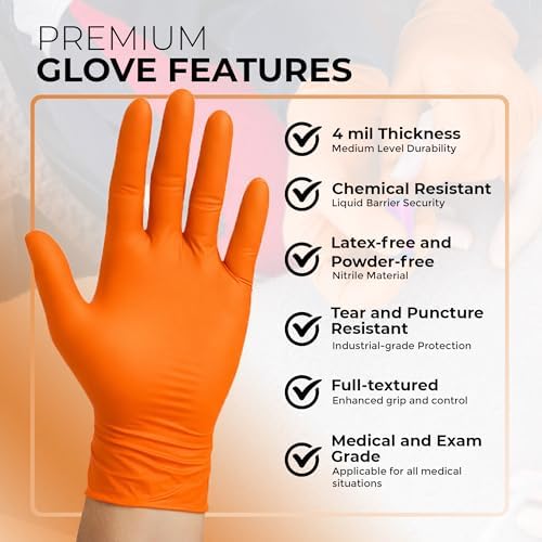 ASAP Orange Nitrile Gloves - Powder and Latex Free Disposable Gloves, Exam Gloves, Food Safe Gloves - 4 Mil