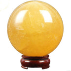 StoneStory Natural Yellow Calcite Sphere Gemstone Ball Healing Quartz Crystal Sculpture Figurine with Stand 100mm