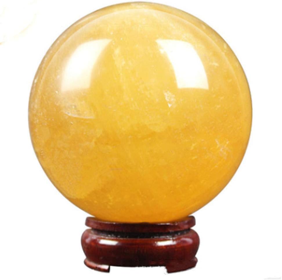 StoneStory Natural Yellow Calcite Sphere Gemstone Ball Healing Quartz Crystal Sculpture Figurine with Stand 100mm
