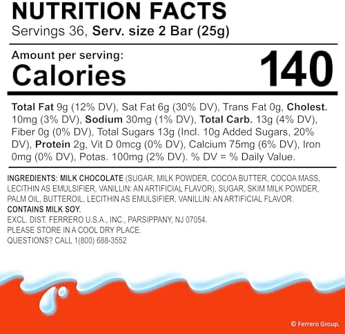 Kinder Chocolate, 18 Four Count Packs, Milk Chocolate Bar with Creamy Milky Filling, Individually Wrapped Candy, 1.8 oz Each