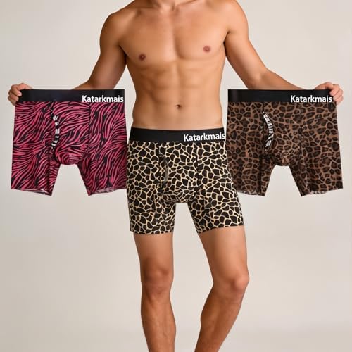 Men's Leopard Print Boxer Briefs - Tagless, Breathable Workout Men's Underwear, 3Pack