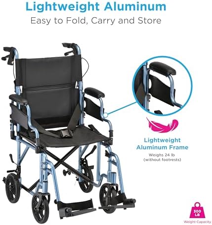 NOVA Lightweight Folding Transport Chair for Adults – Aluminum Foldable Travel Wheelchair with Flip-Up Desk Arms, One-Grip Locking Hand Brakes, 8” All-Terrain Wheels, 300 lb Capacity, Blue
