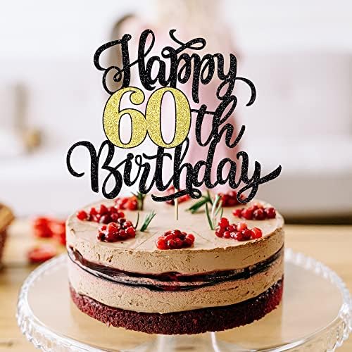 Happy 60th Birthday Cake Topper, Black Gold Glitter Birthday Cake Topper, 60th Anniversary/ 60th Birthday Party Decoration Supplies