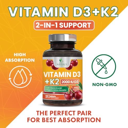 Vitamin D 2000 IU 50mcg Per Serving - Vitamins D3 & K2 (MK7) Complex Supplement for Bone, Teeth, Muscle, Calcium Absorption, Supports Immune & Heart Health, Chewable Formula USA Bottled - 120 Tablets