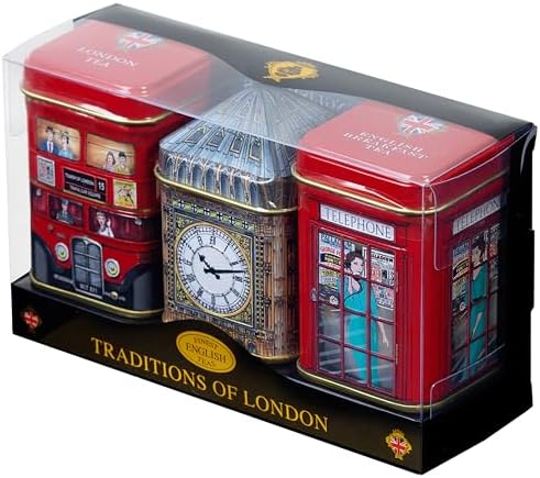 London Icons 3x Mini Tea Tins with Fine English Loose Tea (Big Ben, Red London Bus, Telephone Box)