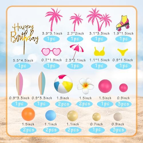 Summer Hawaiian Cake Topper with Beach Ball Sun Umbrella Goggles Beach Cake Decorations for Summer Holiday Theme Birthday Supplies (Surfboard)