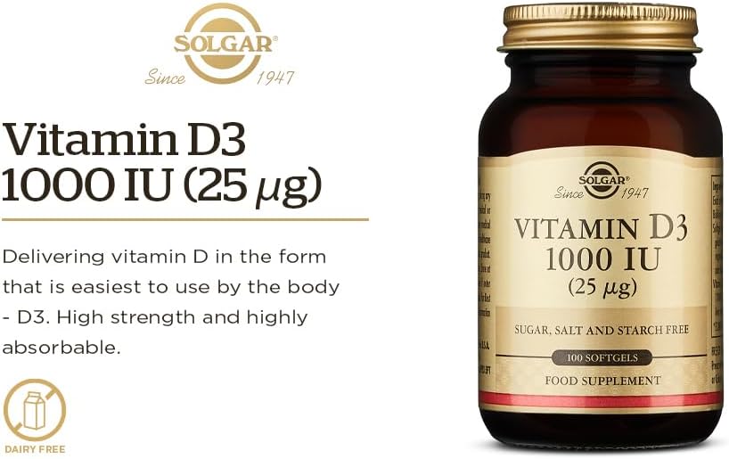 Solgar Vitamin D3 (Cholecalciferol) 25 mcg (1000 IU), 100 Softgels - Helps Maintain Healthy Bones & Teeth - Immune System Support - Non-GMO, Gluten-Free, Dairy Free - 100 Servings