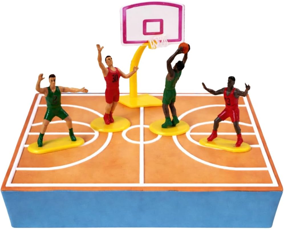 Dekora, Basketball Cake Topper for Boys, Basketball Mini Figures for Cake Decorating, Birthday Party Decorations for Kids, 5 Units, 4 Players and 1 Hoop