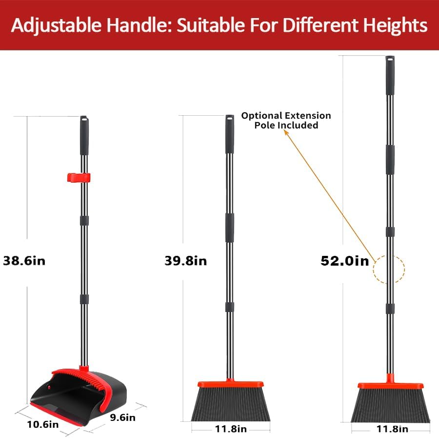 2-Pack is More economical,Brooms with Dustpan Combo Set， with 52" Long Handle, Dustpan Teeth with self-Cleaning Function, Indoor and Outdoor Sweeping, Perfect for Home Office (Large/Red /2-Pack)