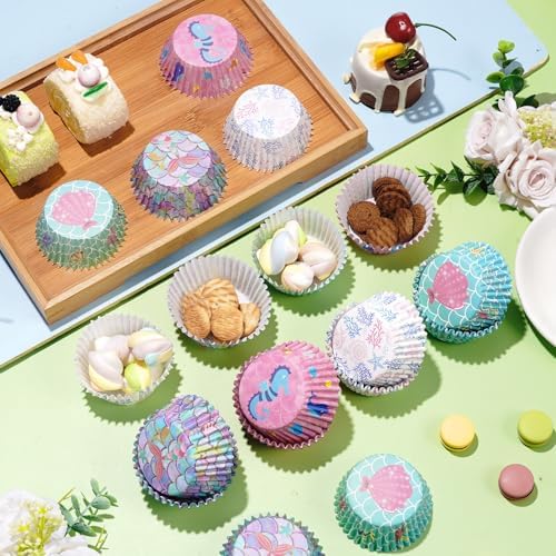 200PCS Ocean Animal Cupcake Liners Mermaid Scales Seahorse Shell Starfish Baking Cups Muffin Wrappers for Mermaid/Under the Sea/Summer Beach Wedding Baby Shower Birthday Party Cake Decor
