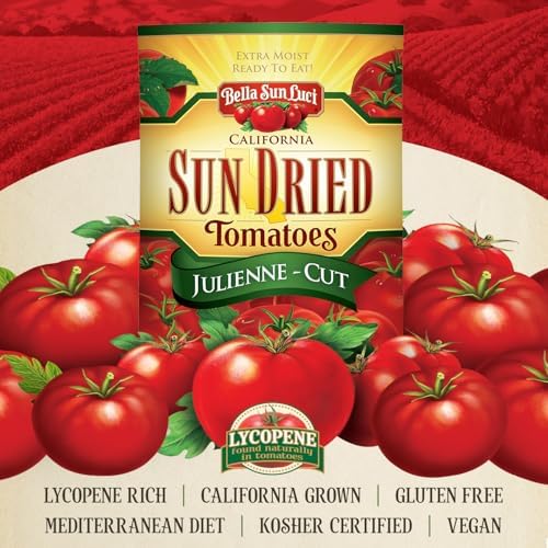 Bella Sun Luci Sun Dried Tomatoes Julienne Cut, Mediterranean Style Sun-Ripened Tomatoes, Kosher, Vegan, Gluten-Free, Premium Ingredient for Pasta, Pizza, Salads, Sandwiches & Appetizers