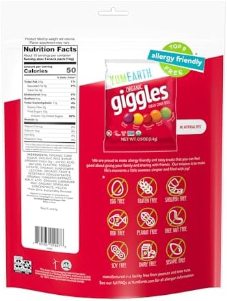YumEarth Organic Giggles Chewy Candy - Allergy Friendly (Top 9 Free), No Artificial Dyes, Non GMO, Gluten Free, Vegan - Individually Wrapped Fruity Snack Packs - 0.5 Ounce (Pack of 10)