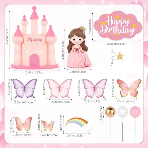 Hooqict 33PCS Princess Cake Decorations Set with Butterflies, Balls, Castle Cake Toppers & Cupcake Toppers for Girls Princess Birthday Party Decorations Tea Party Supplies