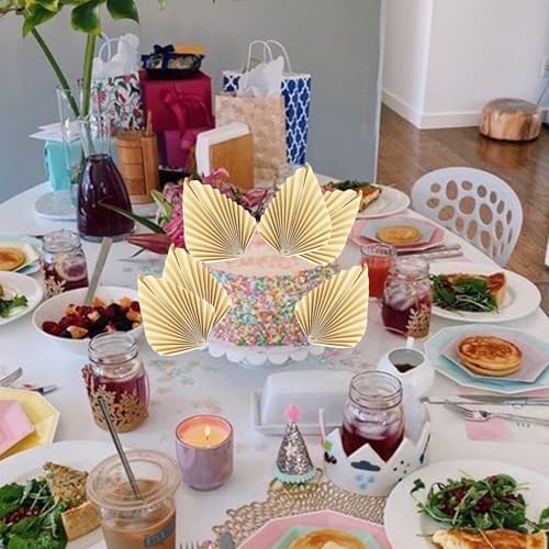 6 PCS Paper Palm Leaves Fan Cake Toppers Palm Leaf Fan Cake Picks Craft DIY Fan Cupcake Toppers Palm Spear Leaves Cake Decorations for Baby Shower Wedding Birthday Party Decor Supplies Beige