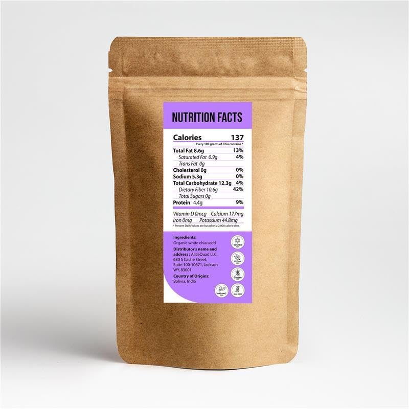 Organic White Chia Seeds (2 lb) – High Omega-3, Fiber & Plant Protein – Raw Superfood for Keto & Vegan Diets – Premium Non-GMO, Gluten-Free, Perfect for Smoothies, Chia Pudding & Vegan Egg Substitute