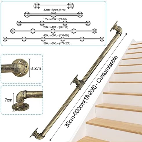 30-600cm Wrought Iron Stair Railing | Antique Brass Support Rod for Wall-Mounted ils Non-Slip Staircase Grip Handle for Home (Size: 360cm)