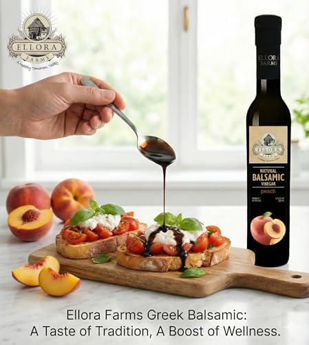 Ellora Farms, Peach Infused Balsamic Vinegar, Great Taste Award, thick and creamy, no-added sugars, no-preservatives, 8.45 oz. bottle, (Peach)