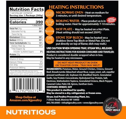 KJ Poultry Kosher Ready Meals - Meatloaf & Mashed Potato, MRE Meals Ready to Eat (6 Pack) Prepared Entree Fully Cooked, Shelf Stable Microwave Dinner Travel, Military, Camping, Emergency Survival