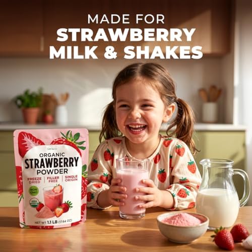 USDA Organic Freeze Dried Strawberry Powder for Smoothies, Baking & Frosting — 100% Pure Strawberries, Easy Mixing, No Fillers — Strawberry Milk, Yogurt, Desserts — 1.1 LB Bulk (71 Servings) | Gya Tea Co