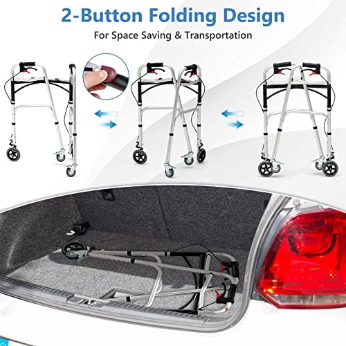 GYMAX Walkers for Seniors, 2-Button Folding Walker with 5 Inches Lockable Wheels, Padded Seat & Trigger Release, 350lbs Height Adjustable Standard Walker, Foldable Rolling Adult Walker