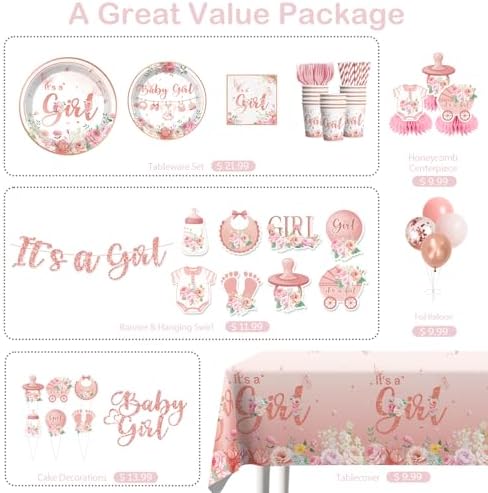 Xynic 213Pcs Its a girl Baby Shower Decorations Tableware Set Severs 25, Floral Girl Baby Shower Decorations Include Banner, Balloons, Tablecloth, Plates, Cups, Table Decorations