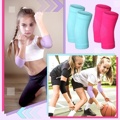 Lenwen 4 Pairs Kids Elbow Brace Compression Arm Elbow Sleeve Knit Guard Gym Protectors for Boys Teen Children Girls Basketball Volleyball Tennis Cycling(5-10 Years,Black, Purple, Rose Pink, Sky Blue)