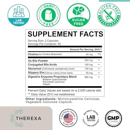 Ox Bile Supplements for No Gallbladder - Ox Bile Digestive enzymes, Purified Bile Salts, Gallbladder Supplements Complex Formula, 90 Capsules