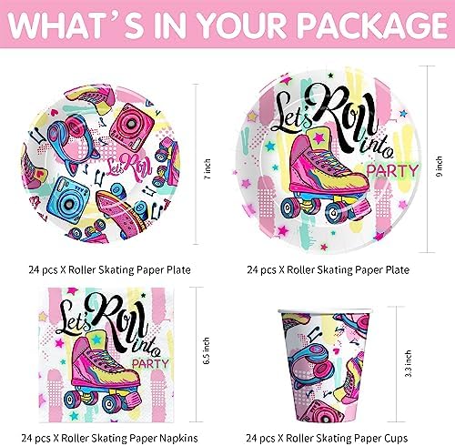 Roller Skating Party Supplies, Roller Skate Party Decorations Tableware, Plate, Cup, Napkin, Tablecloth, Cutlery, Skater Let's Roll Birthday Decorations Dinnerware, Serve 24