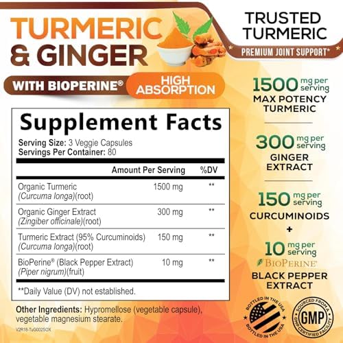 Turmeric Curcumin Supplement - 95% Curcuminoids with Organic Turmeric & Ginger, BioPerine Black Pepper Extract for Best Absorption, Natural Vegan Joint Support, Non-GMO, Bottled in USA - 240 Capsules