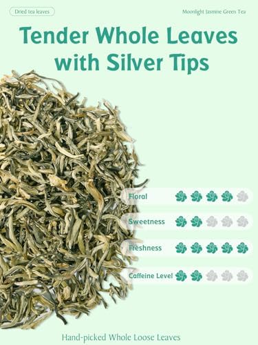 CO-OP 1950 Moonlight Jasmine Green Tea Loose Leaf, 108g, Scented 5x with Fresh Double-Petal Jasmine Blossoms, Premium Whole Leaf Green Tea with Silver Tips, Smooth & Floral, Antioxidant-Rich, No Additives, Tin