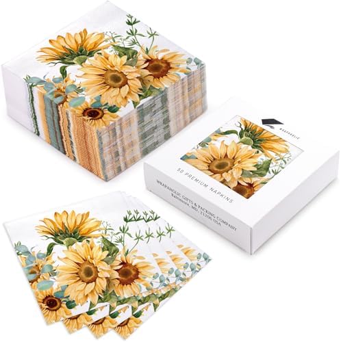 WRAPAHOLIC 50Pcs Sunflower Cocktail Napkins - 3-Ply Disposable Sunflower Paper Napkins for Wedding Bridal Shower Baby Shower Tea Party Birthday - 5 x 5 In