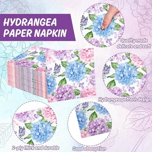 AnyDesign 50Pcs Hydrangea Luncheon Napkins Disposable Paper Napkin Watercolor Butterfly Floral Dessert Dinner Hand Napkin for Spring Summer Wedding Bridal Baby Shower Party Supplies
