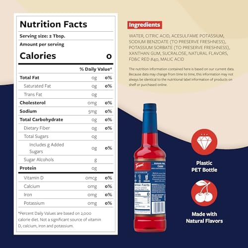 Torani Sugar Free Syrup, Cherry Flavored Syrup for Drinks, Zero Calorie, Glass Bottle with Pump Included, 25.4 Fl Oz