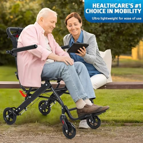 Transport Wheelchair,Lightweight Foldable Transport Chair Folding Wheelchairs with Bag Locking Hand Brakes Safety Belt Design for Adults Seniors Travel 286lbs Load Capacity Black