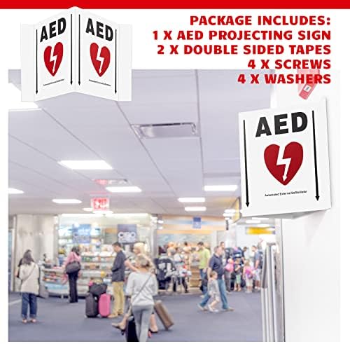 Kigley 1 Set AED Projection Sign 3D AED Defibrillator Sign with Graphic Portable AED Cabinet Sign 5'' x 6'' Aluminum Panel with Pre Drilled Mounting Holes and Double Sided Tapes, Screws, Washers