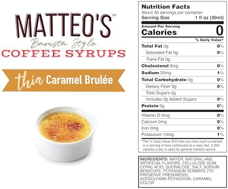 Matteo's Caramel Brulee for Coffee, Lattes, Cappuccinos & Desserts – Sugar-Free Sweetener for Beverages, Keto Friendly, Zero Calories, Indulgent Flavor, Non-Alcoholic,Ideal for Hot Drinks 33.8oz (1pk)