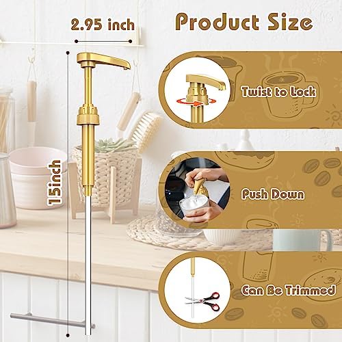 Coffee Syrup Pump Dispenser, 4 Packs of Syrup Pump for 750ml/25.4 oz Syrup Bottle, Gold Pumps for Coffee Syrup Bottle, works with Torani, DaVinci, Jordans Skinny 750ml Syrups Bottles (Gold)