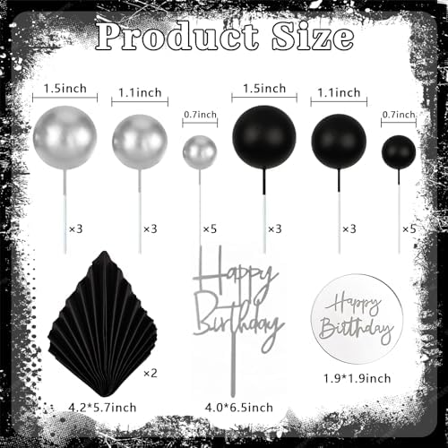 MEMOVAN 26pcs Man Birthday Cake Topper Black Boho Cake Topper Black Silver Balls Palm Leaves Cake Decorations for Man Boy Bohemian Black Silver Theme Wedding Baby Shower Birthday Party